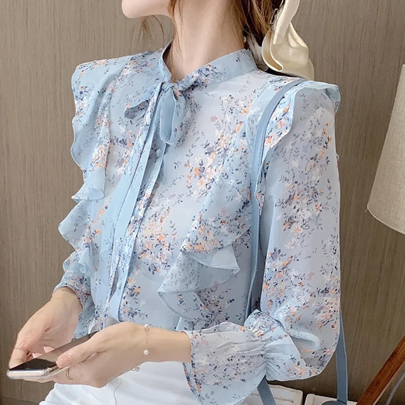 Autumn Long Sleeve Blouse Wome Ruffles Blue Print Chiffon Blouse Shirt Tops Women Blouses-Dollar Bargains Online Shopping Australia