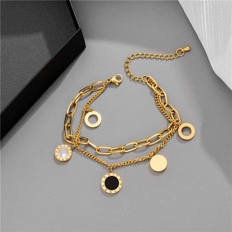 Layered Golden Pendant Bracelet For Women Retro Punk Gothic Portrait Coin Cross Pearl Bracelet Jewelry