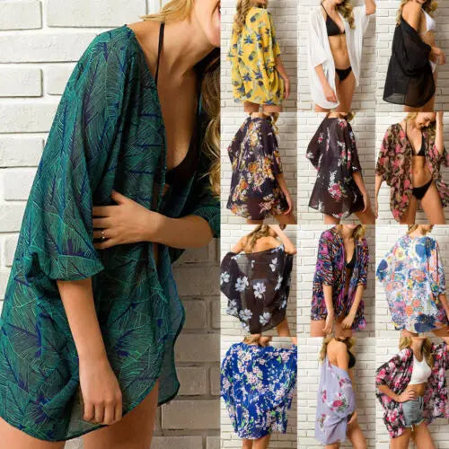 Women Floral Kimono Swim Cover-Ups Female Beach Boho Cardigan Bathing Tops Beach Bikini Cover Up Outfits