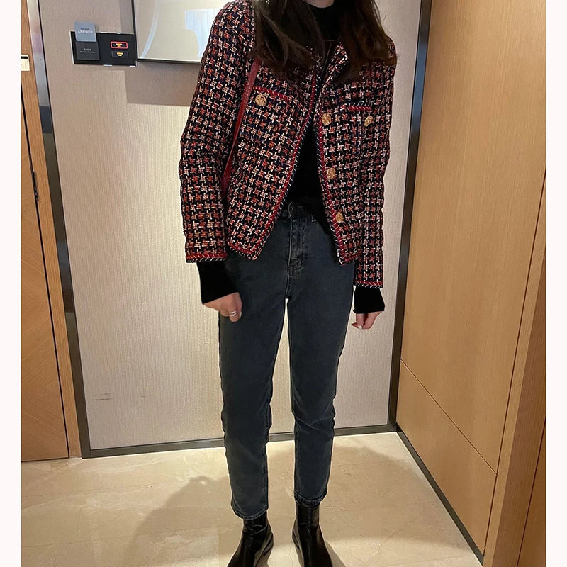 Elegant Weave Plaid Women Blazer Pocket Plus Velvet Winter Causal Tweed Coat Office Ladies Suit Jacket-Dollar Bargains Online Shopping Australia