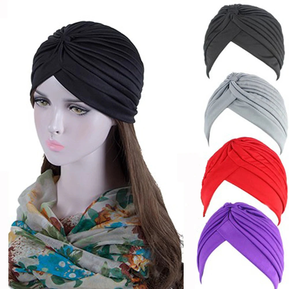 Stretchy Turban Muslim Hat Women's Hat Fashion Solid Bandage Bandanas Headband Wrap Hijab Knotted Indian Cap