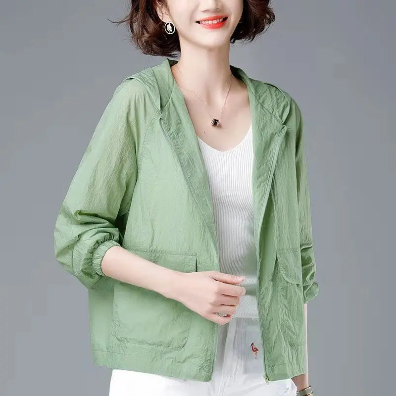 Korean Fashion Solid Color Women's Spring Jacket All-Match Jackets Hooded Thin Sunscreen Coat-Dollar Bargains Online Shopping Australia