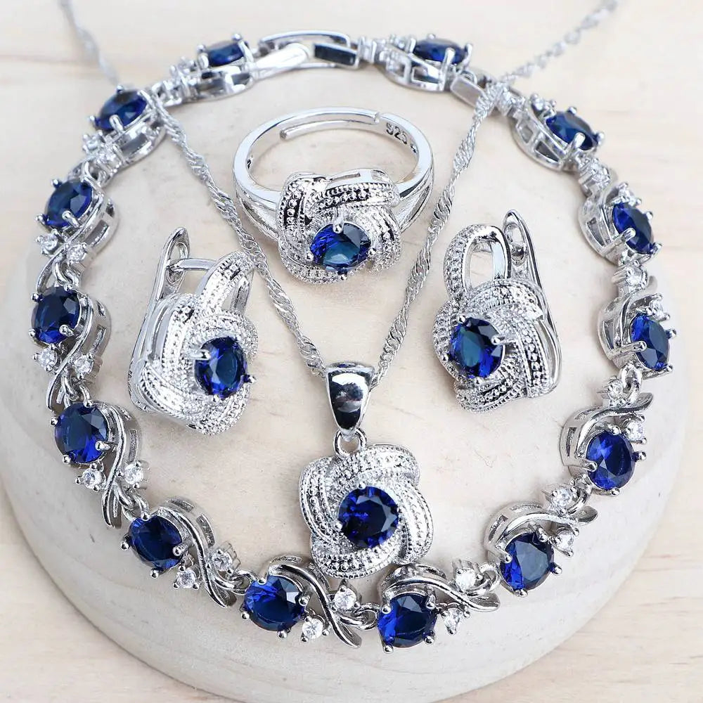 Blue Zirconia Women Jewelry Sets 925 Sterling Silver Wedding Bridal Costume Jewellery Earrings Rings Bracelets Pendant Necklace-Dollar Bargains Online Shopping Australia