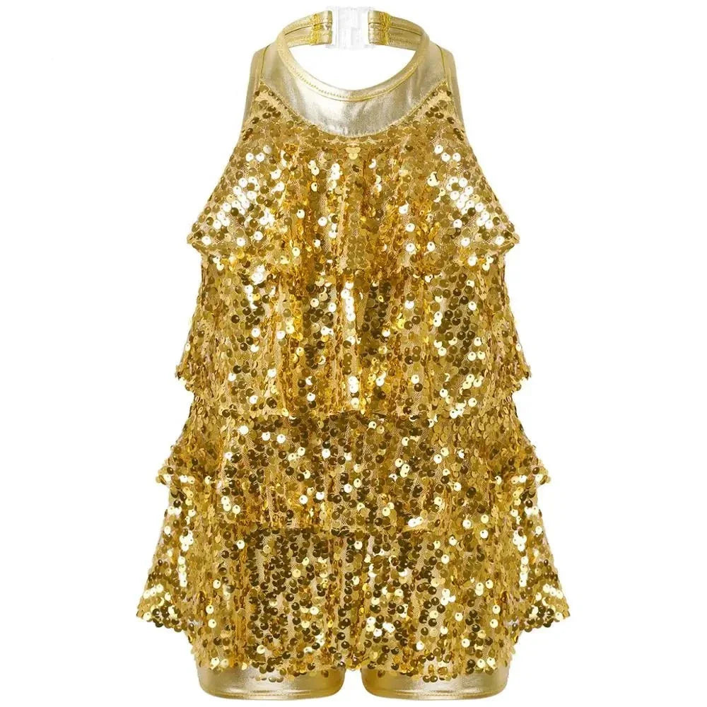 Shiny Sequins Kids Girls Halter Ballet Dance Stage Performance Dress Shorty Unitard Dress Modern Jazz Latin Dancing Costumes-Dollar Bargains Online Shopping Australia