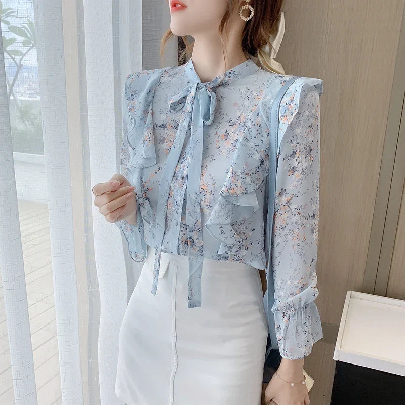 Autumn Long Sleeve Blouse Wome Ruffles Blue Print Chiffon Blouse Shirt Tops Women Blouses-Dollar Bargains Online Shopping Australia