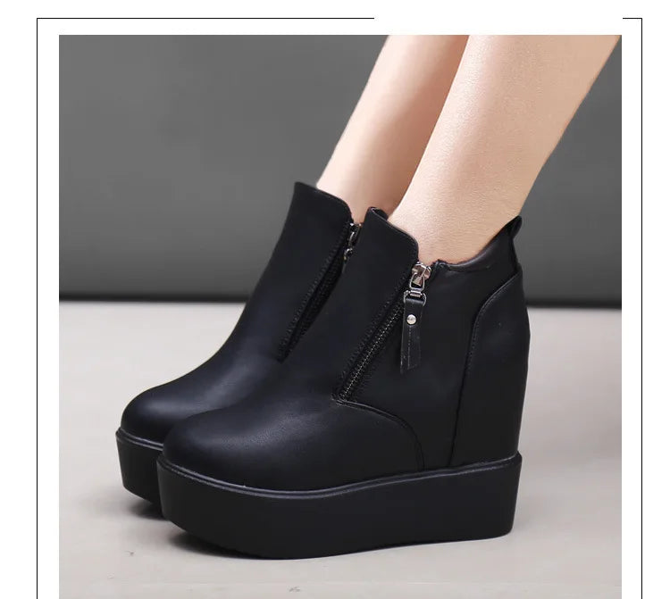 thick-soled inner heightening ankle boots women super high heel non-slip double side zipper boots