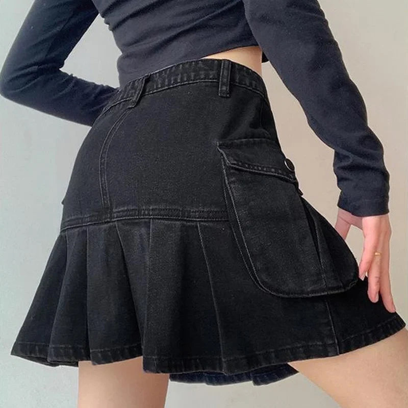 Skirt Women Folds Denim Mini Casual A-Line Vintage Fashionable Harajuku Sweet Girls-Dollar Bargains Online Shopping Australia