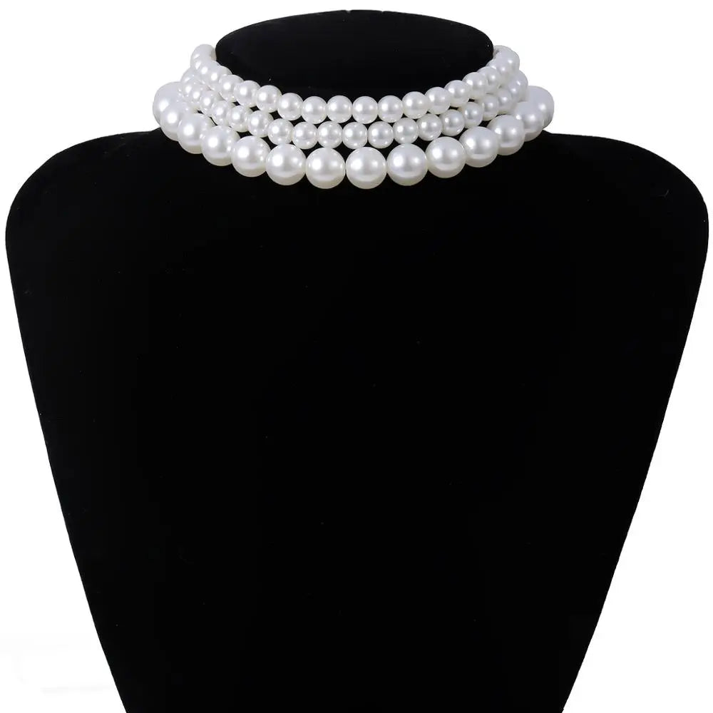 Multi-Layer White Imitation Pearl Necklace Bead Chain Punk Ladies Wedding Short Clavicle Charm Banquet Jewelry