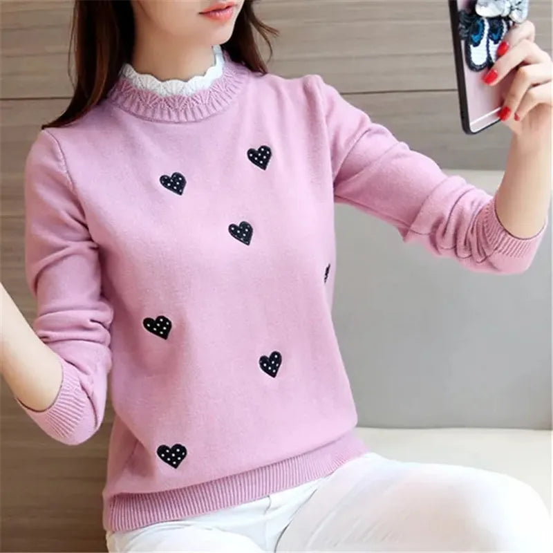 Sweater Womens Knitted Top Knit Sweater Ladies Embroidery Loose Wild Short Pullover