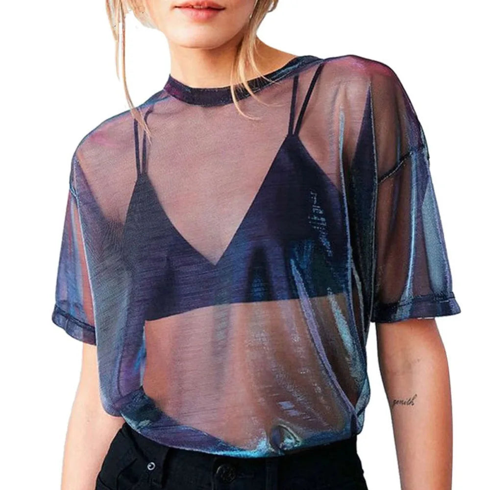 Sexy See Through T Shirt Women Sheer Mesh Fish Net Short Sleeve O Neck Crop Top T-Shirt Summer Lady Clubwear-Dollar Bargains Online Shopping Australia