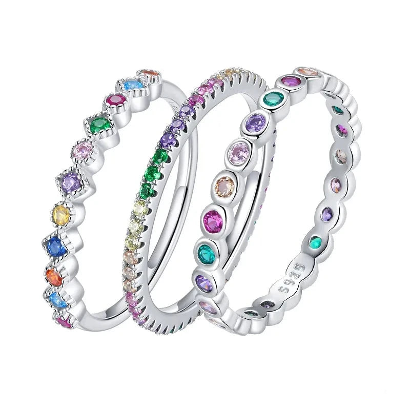 Sterling Silver Multicolor Zircon Finger Ring for Women Trendy Fashion Dazzling CZ Stone