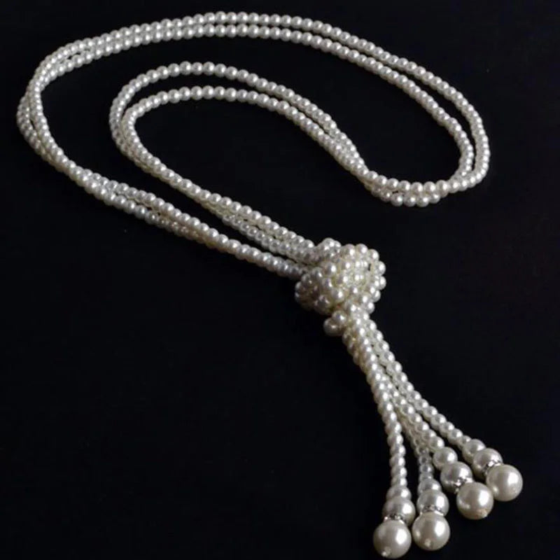 Classic Double Knot Simulated Pearl Tassel Long Necklace Long Knotted Tassel Necklace Female Fashion Sweater Boho Jewelry