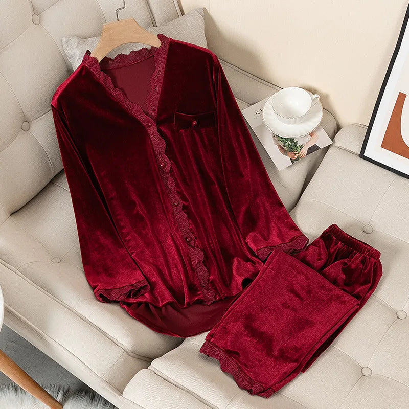 Velvet Pyjamas Women Sleepwear Long Sleeve Casual Nightwear Suit Loose Lace Trim Sleep Set