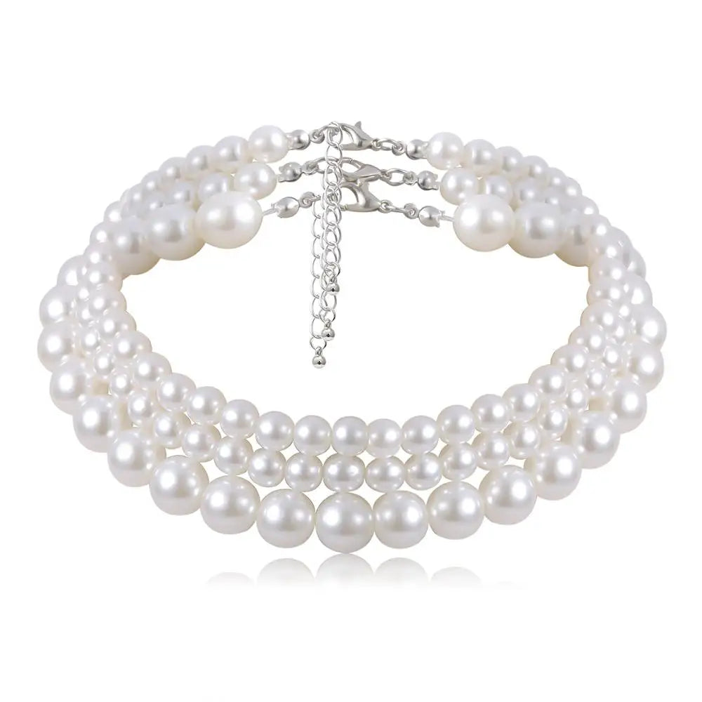 Multi-Layer White Imitation Pearl Necklace Bead Chain Punk Ladies Wedding Short Clavicle Charm Banquet Jewelry