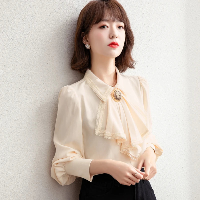 Retro Blue Chiffon Blouse Autumn Spring Bowknot Workwear OL Tops Elegant Women Long sleeve Lace shirt-Dollar Bargains Online Shopping Australia