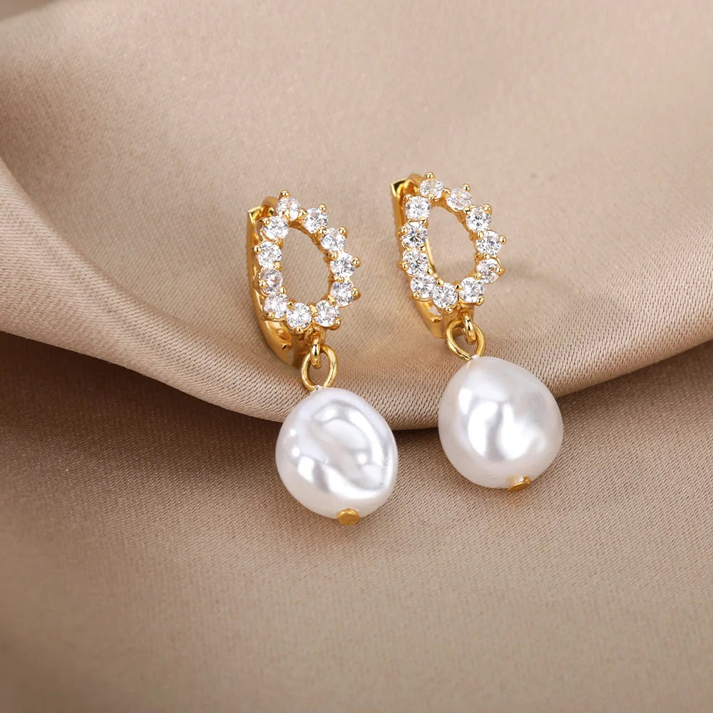 Baroque Pearl Earrings For Women Stainless Steel Zircon Water Droplet Steel Ring Drop Earring Wedding Party Jewelry Bijoux Femme