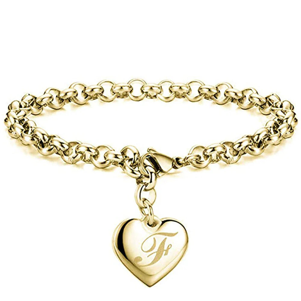 Initial Charm Gold-Color Bracelets Stainless Steel Heart 26 Letters Alphabet Bracelet for Women Girls Kids Gifts-Dollar Bargains Online Shopping Australia