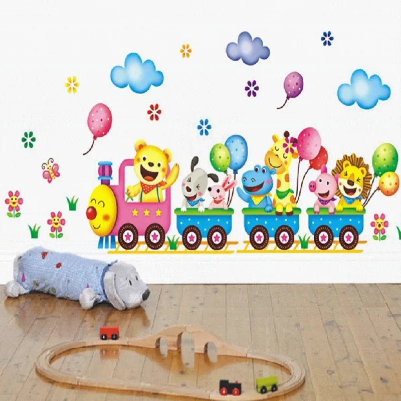 Cartoon Cute Animals Train Balloon DIY Removable Wall Stickers girls Bedroom Home Decor Mural Decal Wardrobe Art Decoration