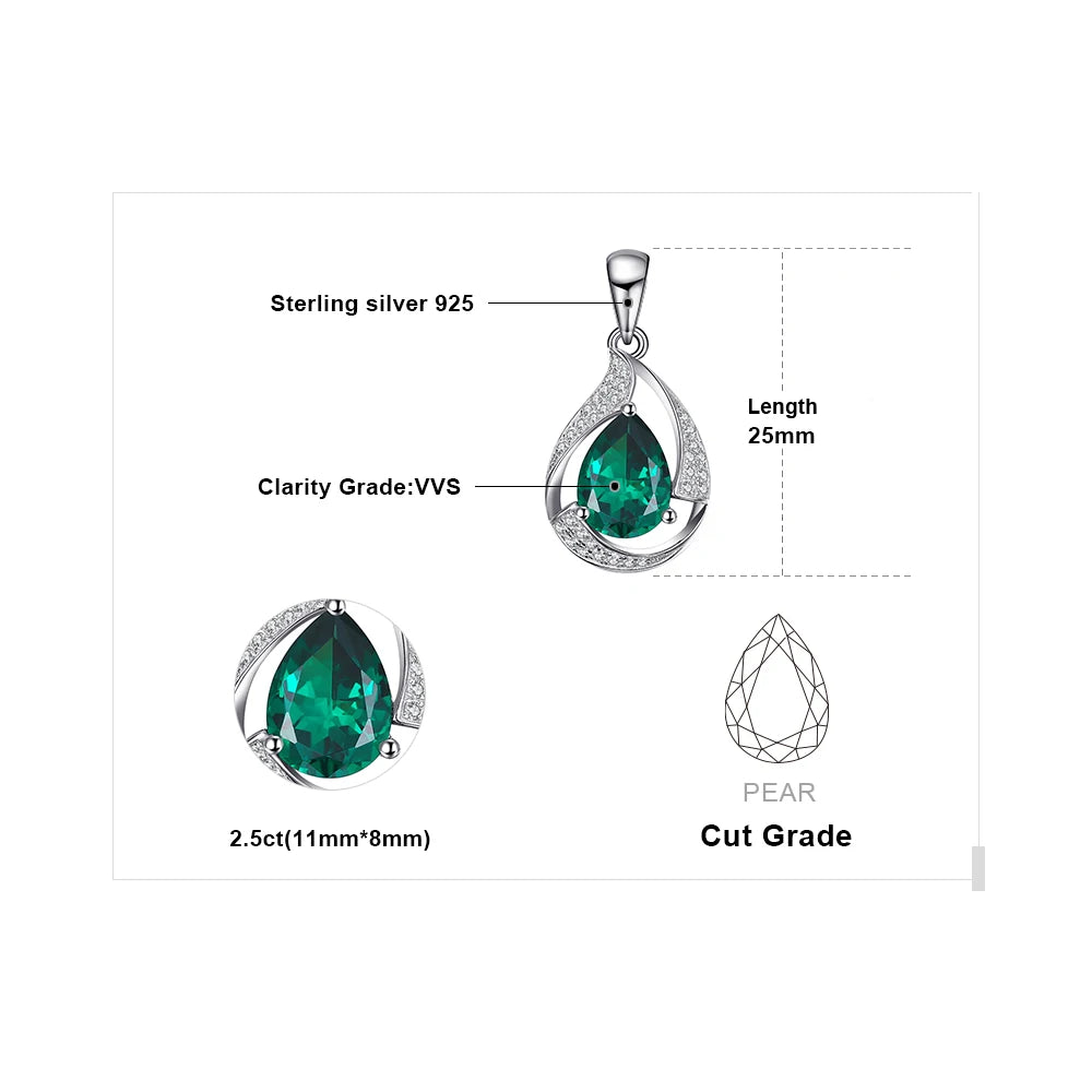 3ct Green Simulated Nano Emerald 925 Sterling Silver Pendant Necklace for Women Pear Gemstones Choker No Chain