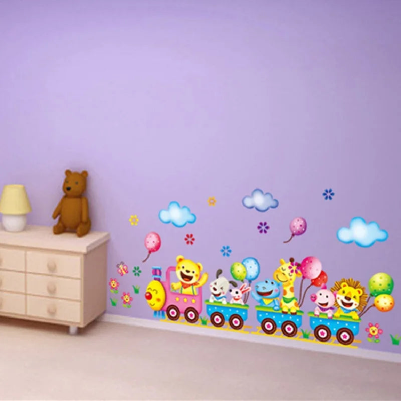 Cartoon Cute Animals Train Balloon DIY Removable Wall Stickers girls Bedroom Home Decor Mural Decal Wardrobe Art Decoration