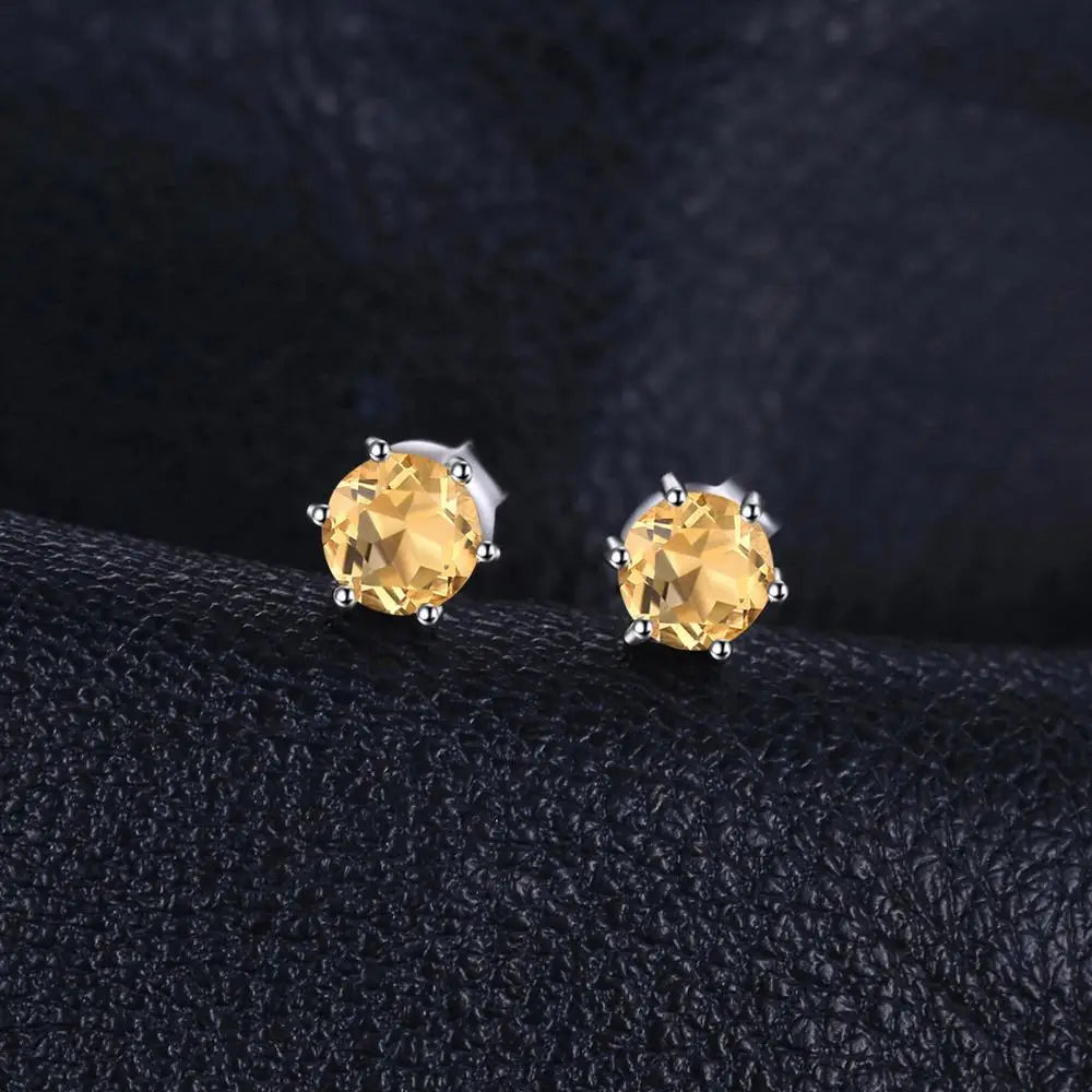 Round Natural Yellow Citrine 925 Sterling Silver Stud Earrings for Women Statement Fashion Gemstone Jewelry Gift