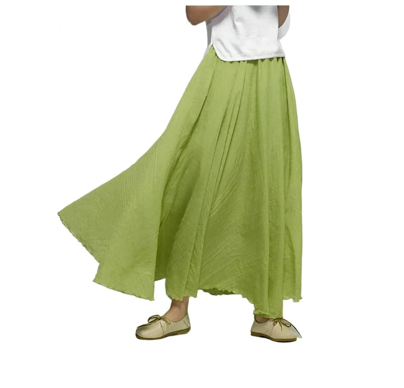 Women's Elegant High Waist Linen Maxi Skirt Summer Ladies Casual Elastic Waist 2 Layers Skirts