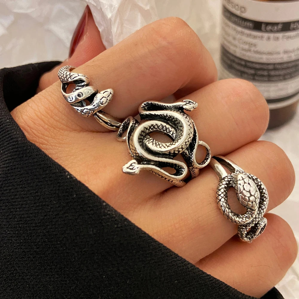Vintage Gothic Butterfly Snake Angle Flower Multi Element Ring Set For Women Men Retro Personality Finger Adjustable Ring Gifts