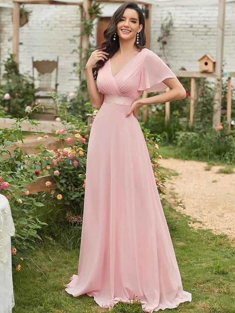 Bridesmaid Dresses Long Elegant A Line Double V Neck Ruffles Chiffon Formal Wedding Party Dress New Long Prom Dress