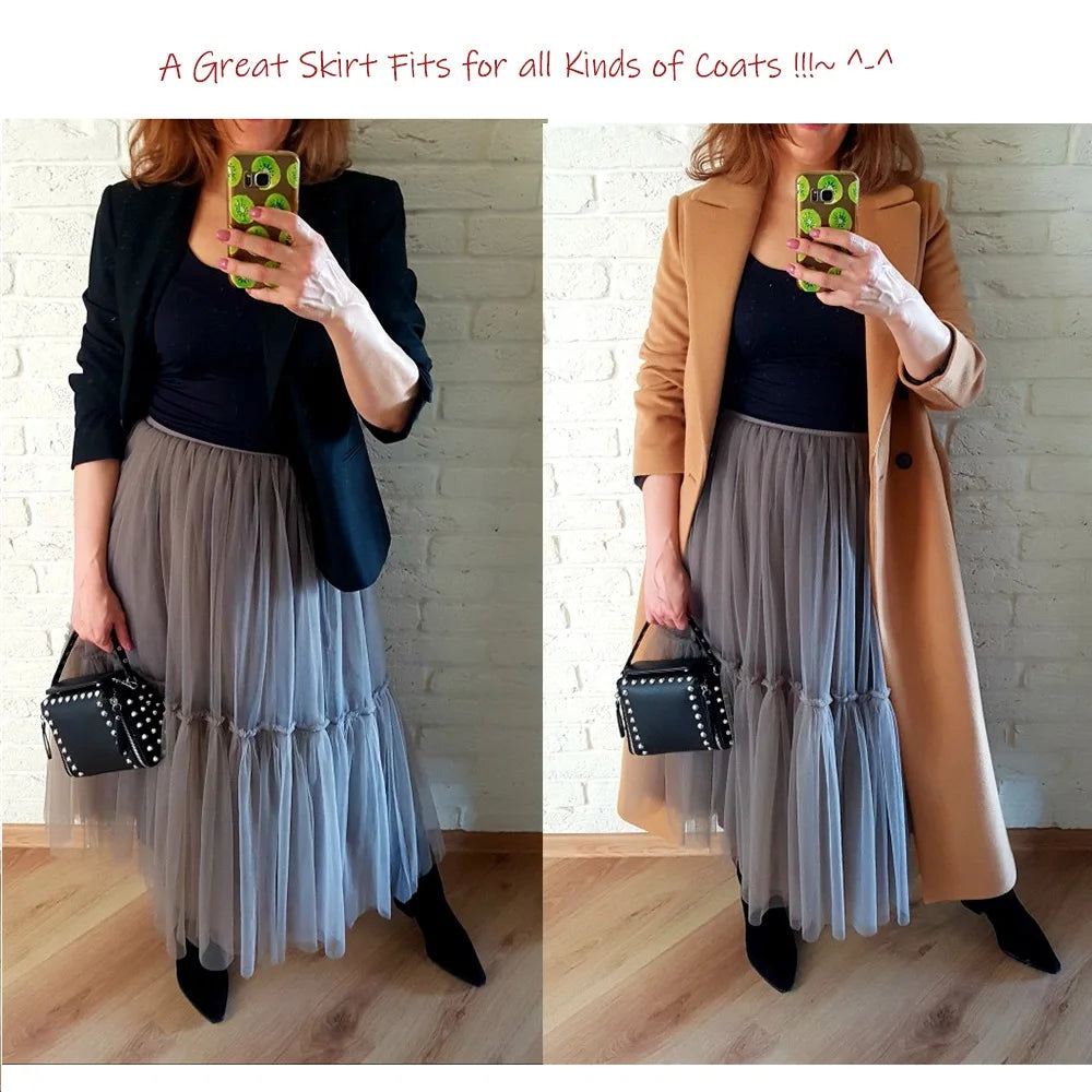 Maxi Long Tulle Skirts for Women Black Gothic Pleated Skirt Casual Party Fairycore Summer Winter Jupe Longue 2022 Falda Mujer