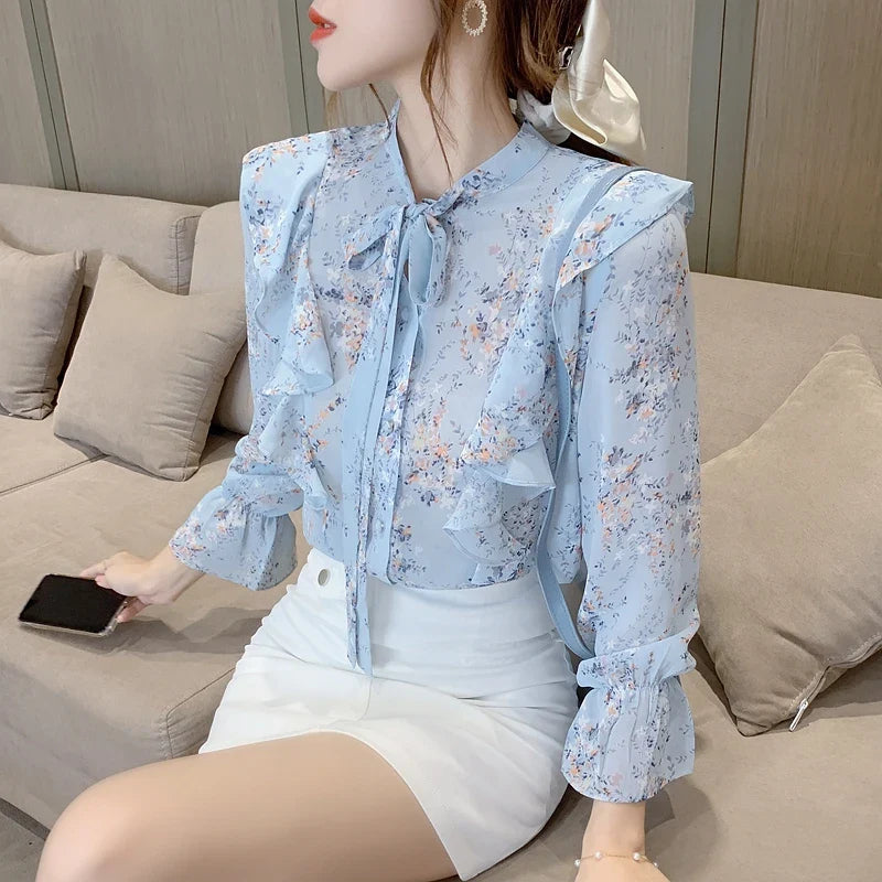 Autumn Long Sleeve Blouse Wome Ruffles Blue Print Chiffon Blouse Shirt Tops Women Blouses-Dollar Bargains Online Shopping Australia