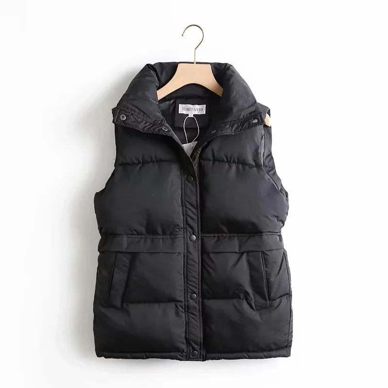 Women Solid Loose Vest Drawstring Stand Collar Long Vest Jacket  Cotton Padded Women Windproof Warm Waistcoat