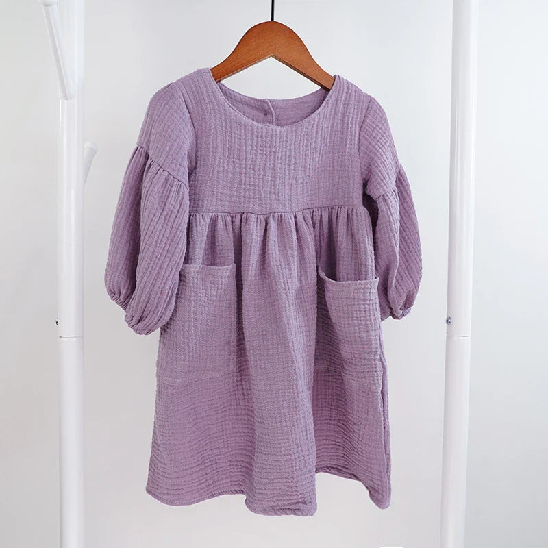 Children's Organic Cotton Double Gauze Loose Pockets Baby Girls Dress Fashion Princess Casual Kids Dresses-Dollar Bargains Online Shopping Australia