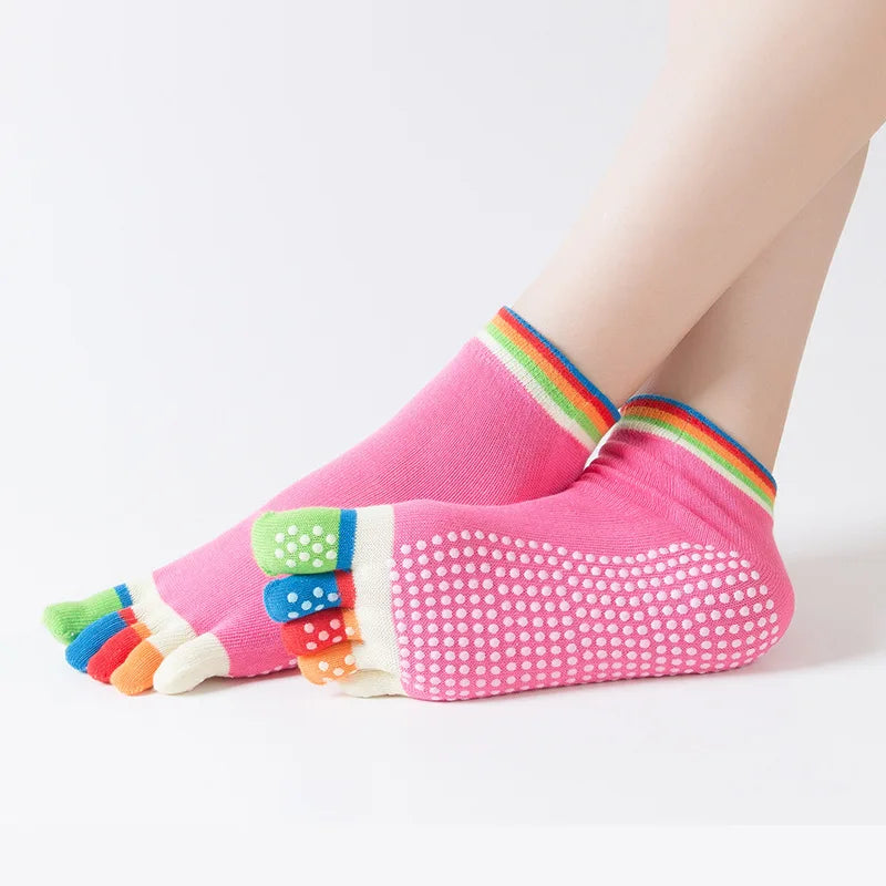 1 Pair Women Yoga Socks Colorful Anti Slip Silicone Gym Pilates Ballet Fitness Sport Socks Cotton 5 Finger Protector Quick-Dry