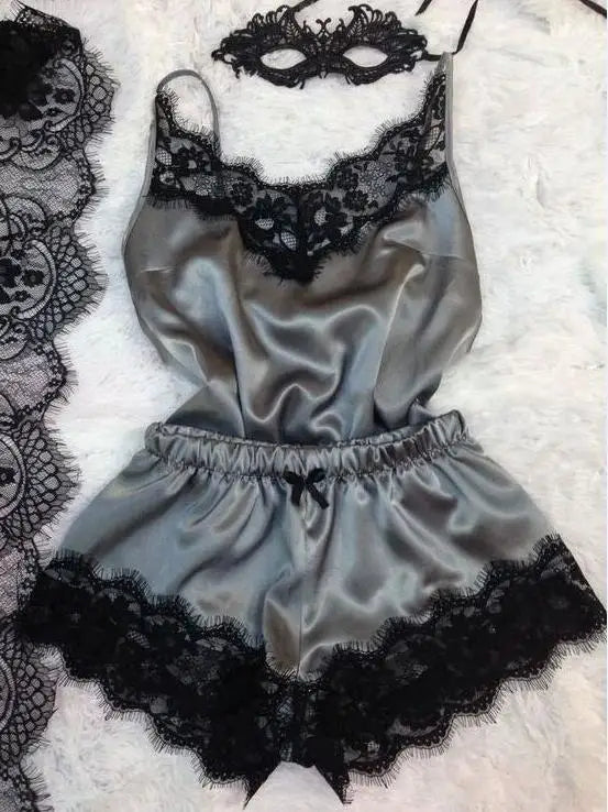 Women Bow Sleepwear Sleeveless Strap Nightwear Lace Trim Satin Cami Top Pajama Sets lingerie pyjamas women-Dollar Bargains Online Shopping Australia