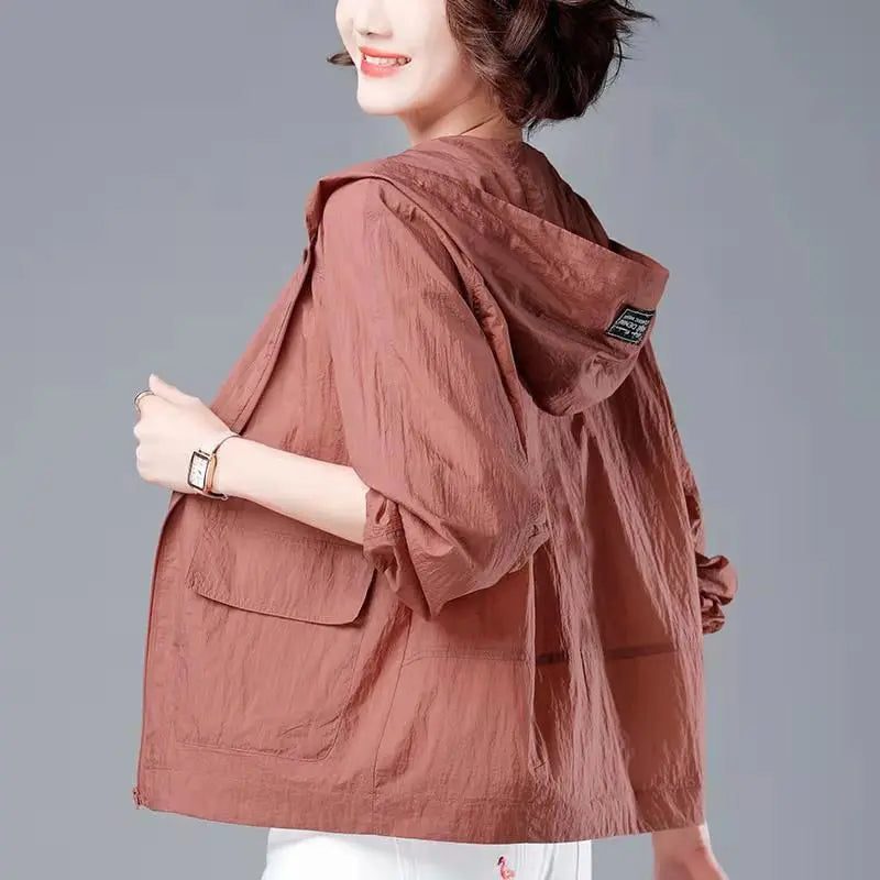 Korean Fashion Solid Color Women's Spring Jacket All-Match Jackets Hooded Thin Sunscreen Coat-Dollar Bargains Online Shopping Australia