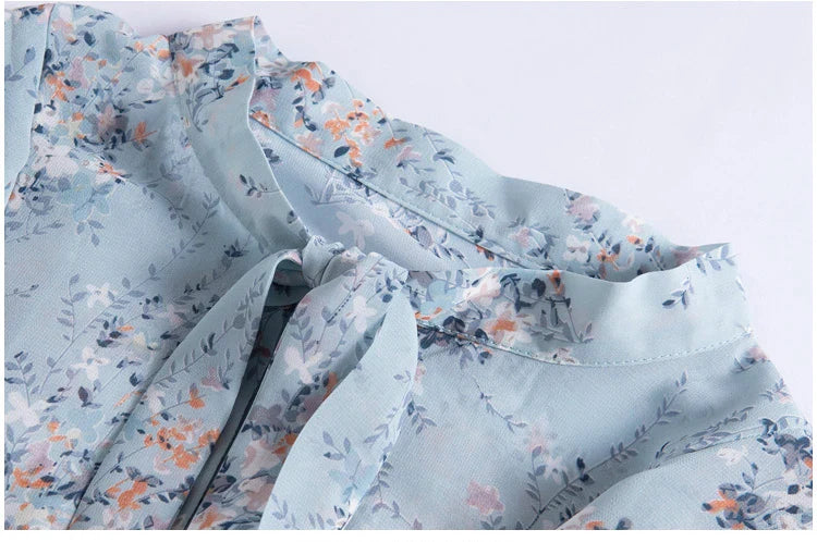 Autumn Long Sleeve Blouse Wome Ruffles Blue Print Chiffon Blouse Shirt Tops Women Blouses-Dollar Bargains Online Shopping Australia