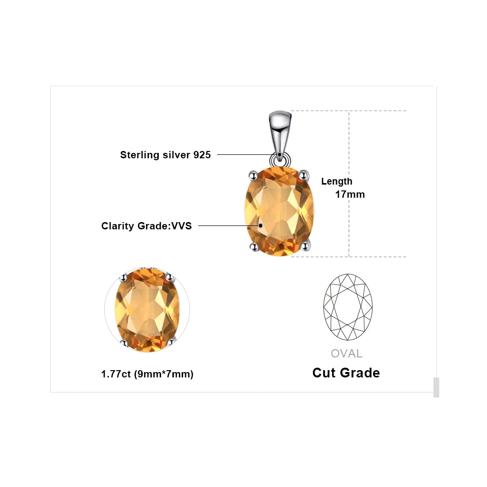 Oval Yellow Genuine Natural Citrine 925 Sterling Silver Pendant Necklace Gemstone Necklace for Women No Chain