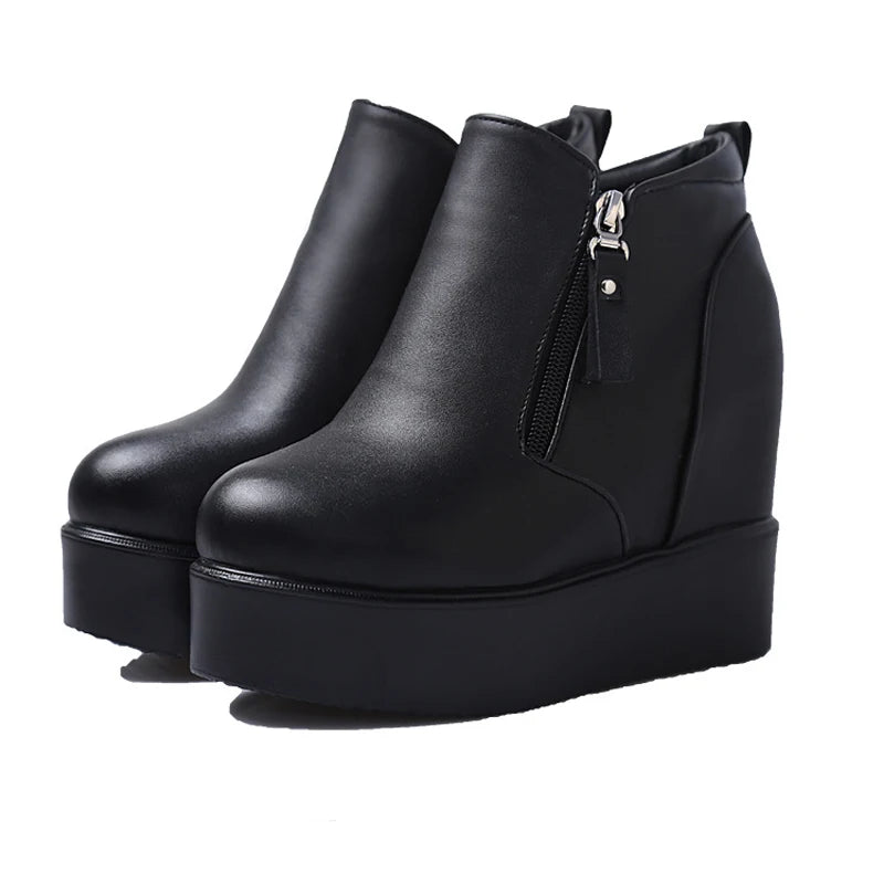 thick-soled inner heightening ankle boots women super high heel non-slip double side zipper boots