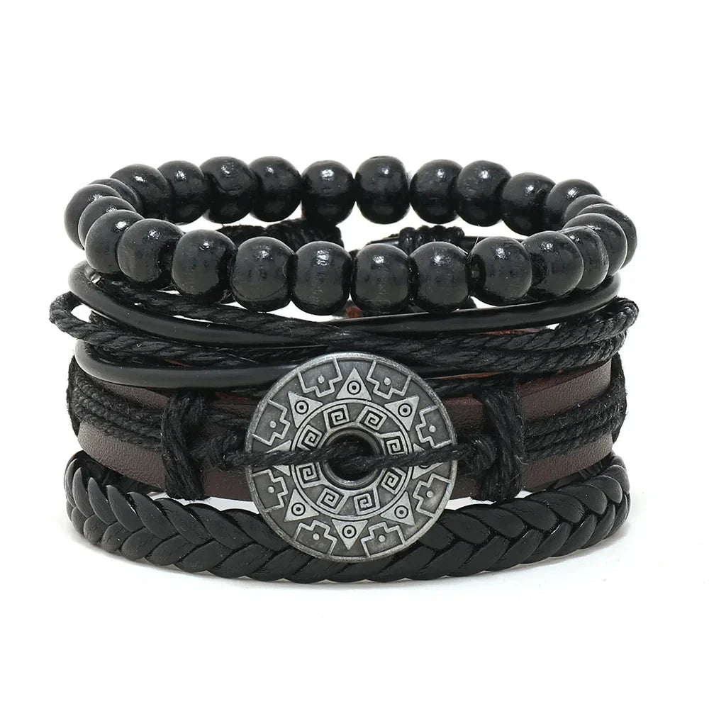 Trendy Compass Man Leather Bracelets set Black Hand Woven Bracelet for Men 4pcs/set DIY Male Jewelry Gift New Pulsera Hombre-Dollar Bargains Online Shopping Australia