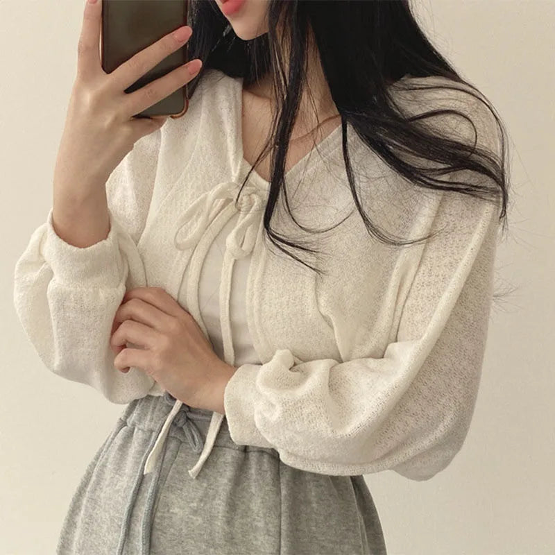 White Knitted Cardigan Women Summer Thin Sunscreen Lace-Up Knitwear Tops Female Lantern Sleeve Short Coat-Dollar Bargains Online Shopping Australia