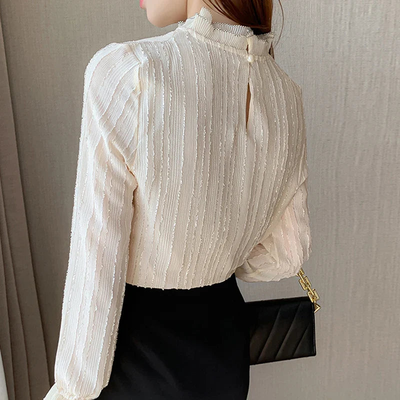 Women Stand Collar Lace Chiffon Blouse Shirt Tops Long Sleeve Blouse Women-Dollar Bargains Online Shopping Australia