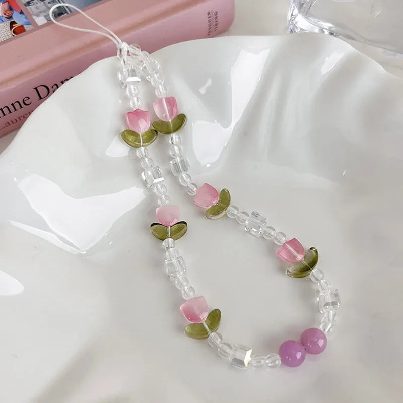 Simple Pink Bear Heart Strawberry Bowknot Flower Acrylic Imitation Pearl Beaded Phone Chain for Women Girls Sweet Accessories-Dollar Bargains Online Shopping Australia