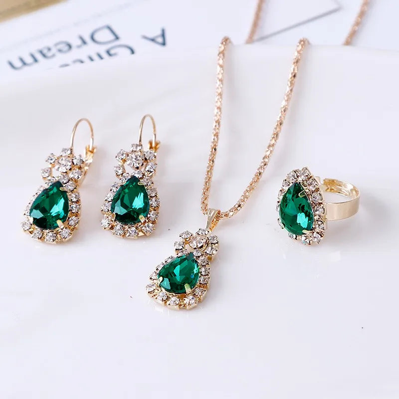 Crystal Ring Necklace Earrings Set Wedding Jewelry Sets For Brides Pendant Earrings For Girls Women African Jewelry Sets-Dollar Bargains Online Shopping Australia