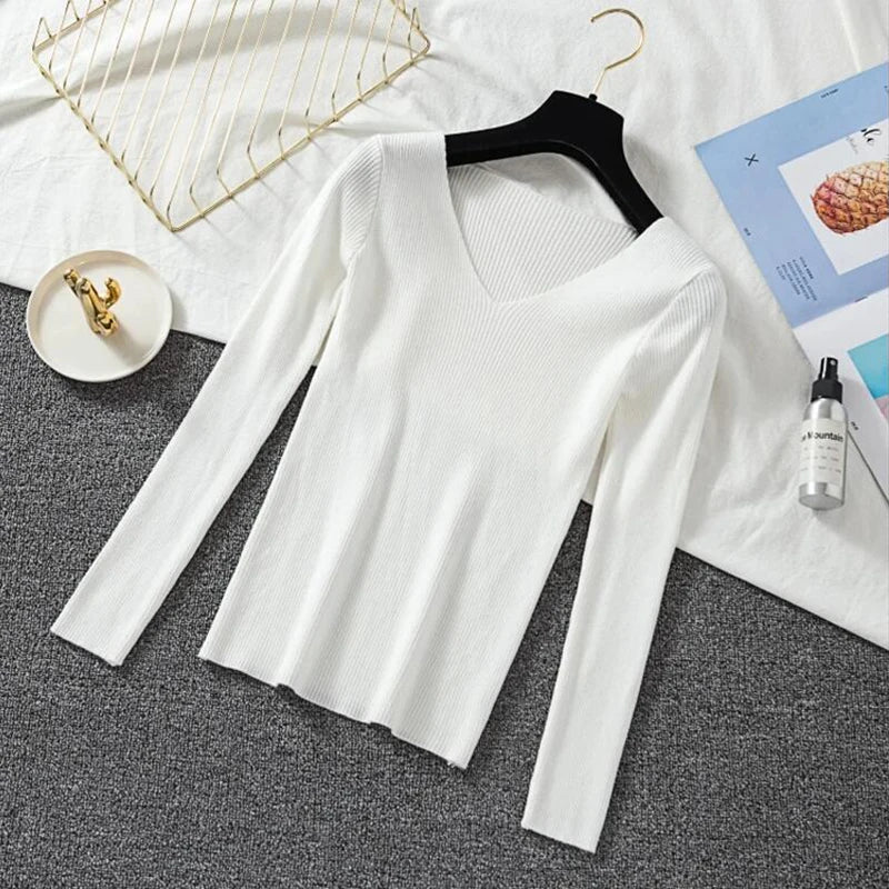 Women Sweater Long Sleeve Pullover Basic Top Fashion V-neck Elastic Female Winter Solid Knitted Jumper-Dollar Bargains Online Shopping Australia