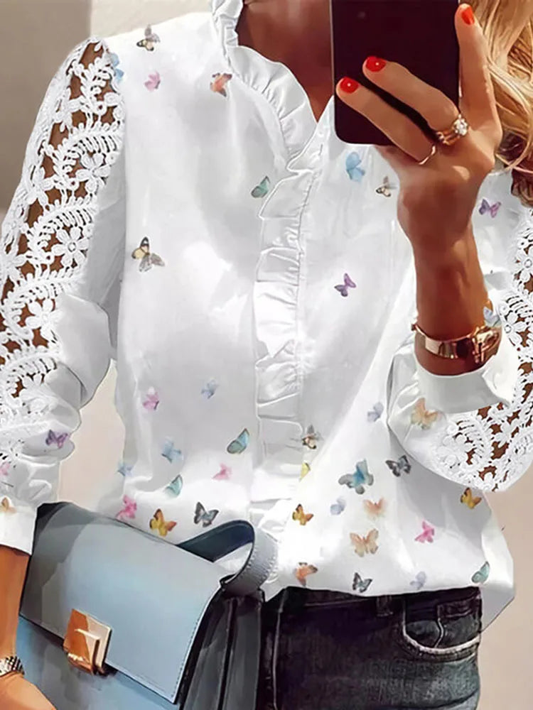 Solid Button Lace Splice V-Neck Women's Shirt Top White Women