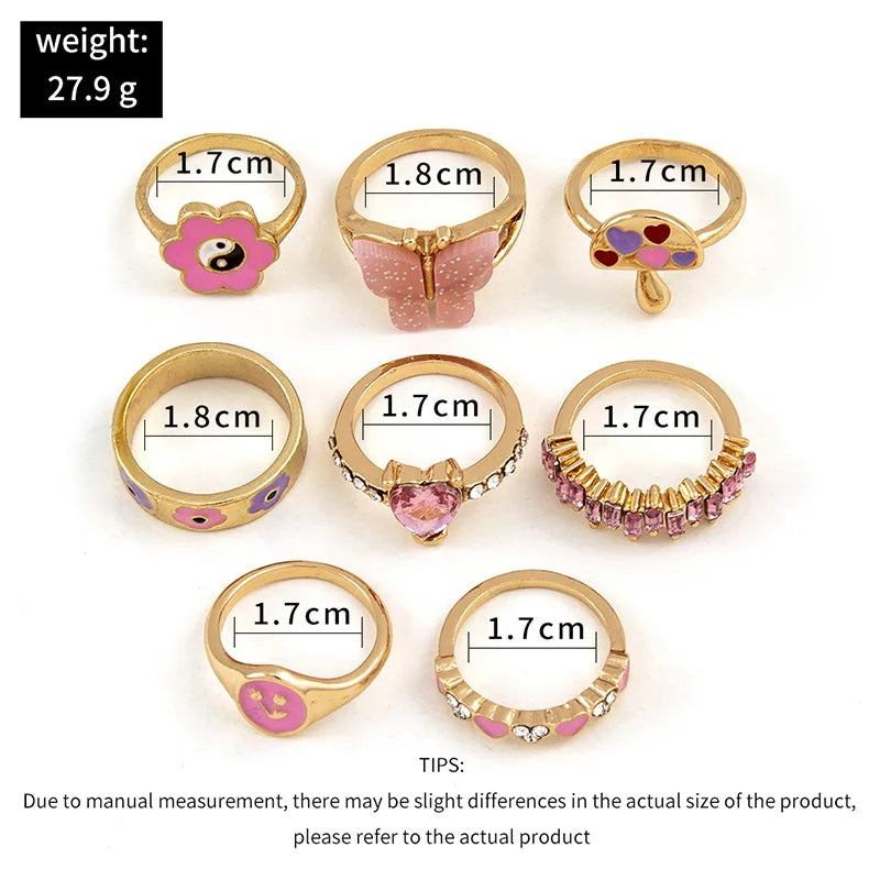 Pink Acrylic Butterfly Knuckle Ring Set For Women Crystal Enamel Mushroom Yin Yang Flower Rings Girls Fashion Jewelry-Dollar Bargains Online Shopping Australia