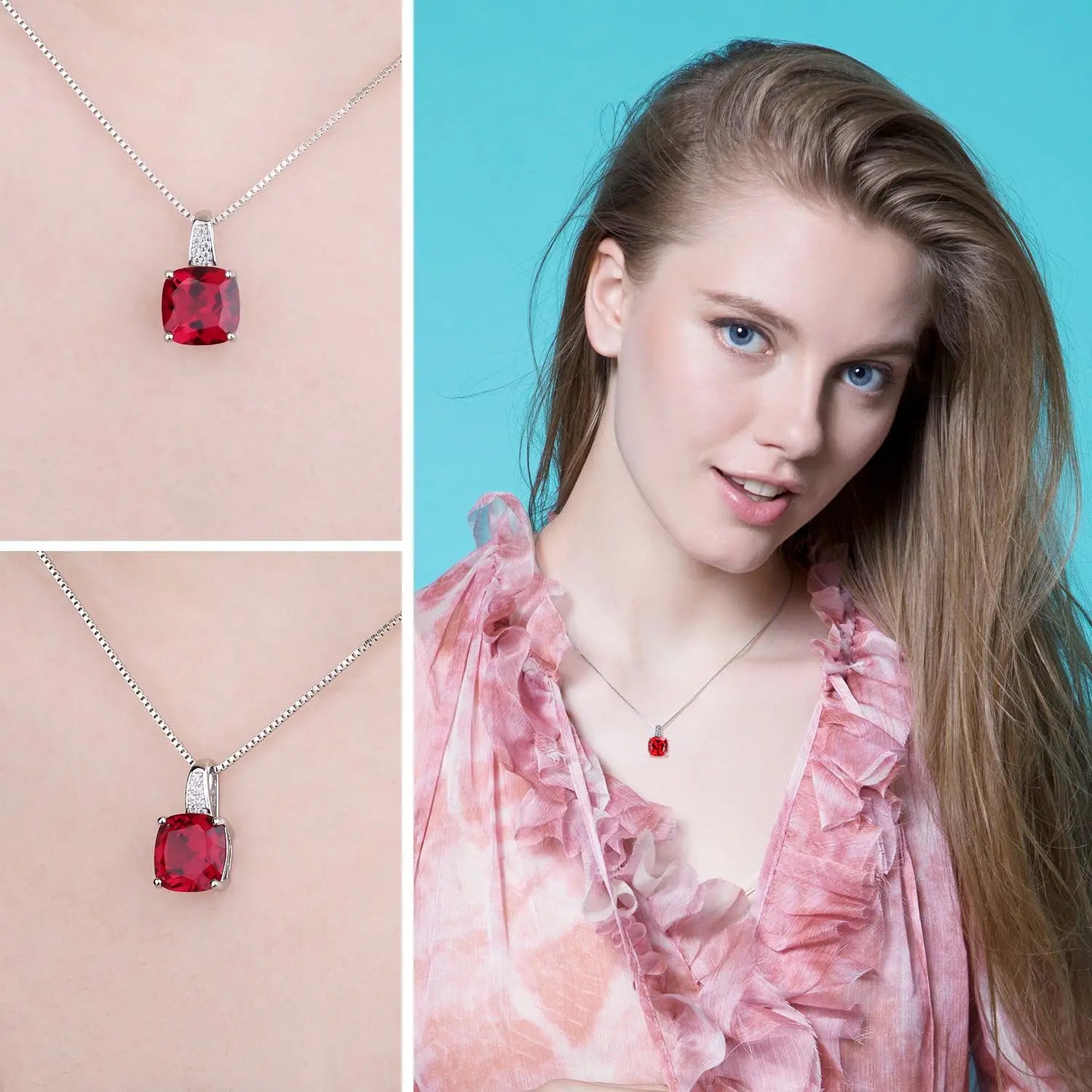 4.7ct Created Red Ruby 925 Sterling Silver Pendant Necklace for Women Cushion Cut Gemstone Choker Gift No Chain