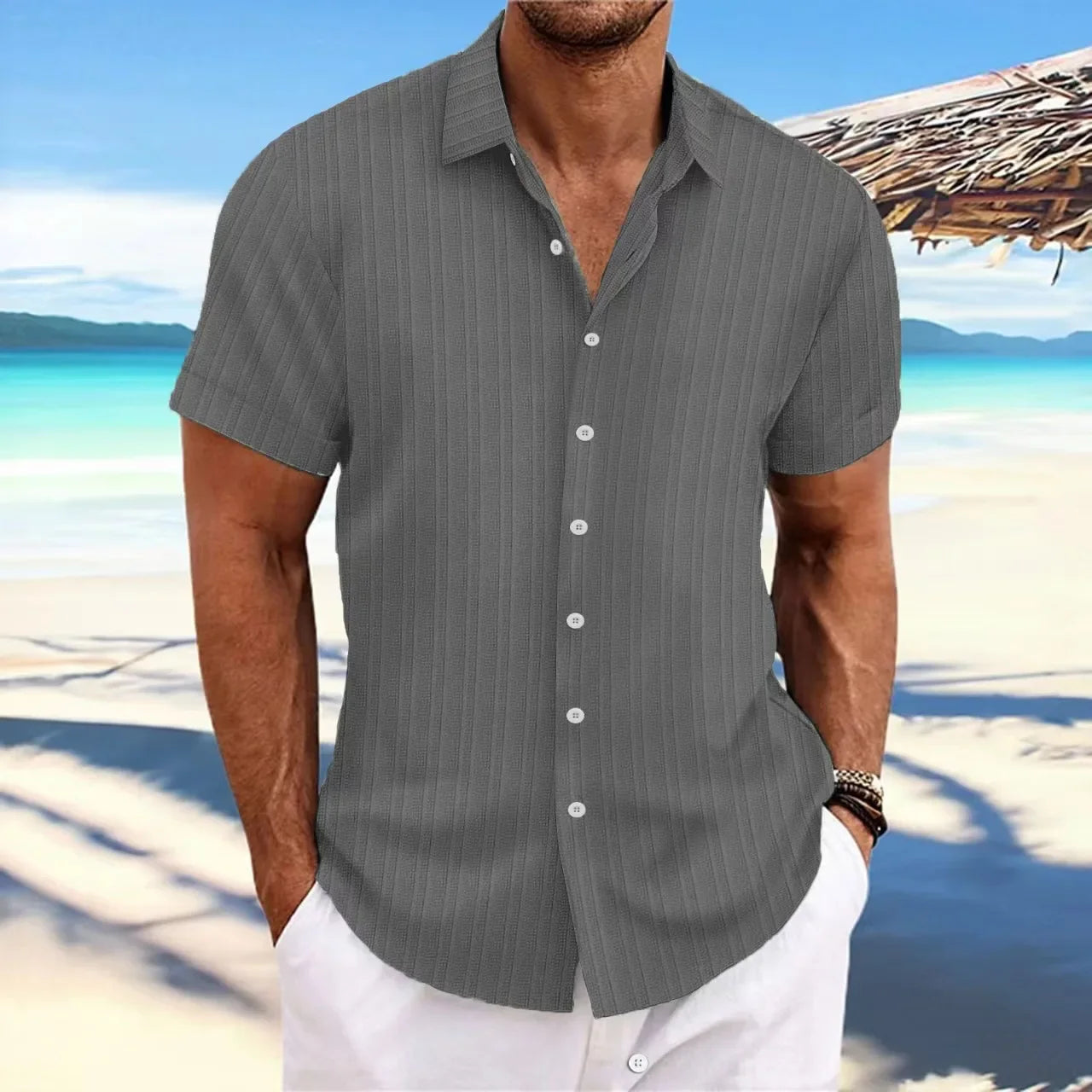 men's striped jacquard casual fashion comfortable loose short sleeve Hawaiian shirt-Dollar Bargains Online Shopping Australia