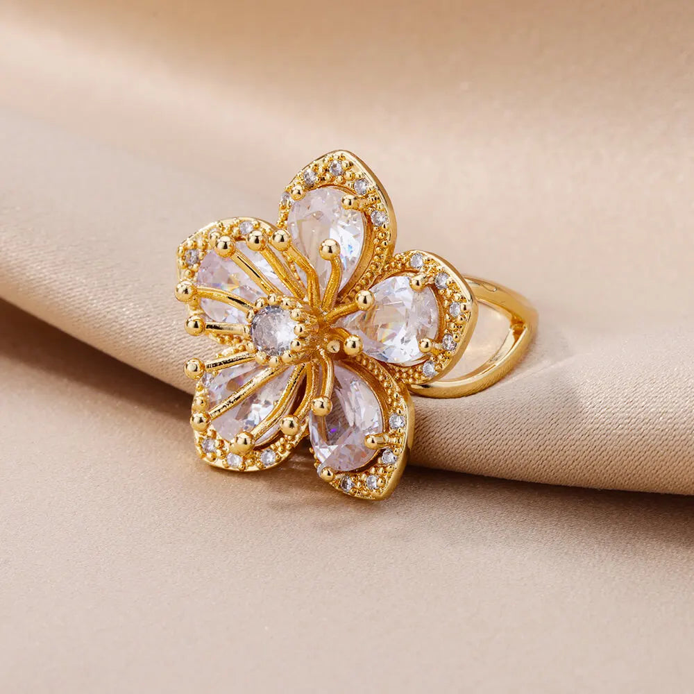 Pink Zircon Flower Rings for Women Gold Color Stainless Steel Ring Elegant Luxury Aesthetic Jewelry-Dollar Bargains Online Shopping Australia
