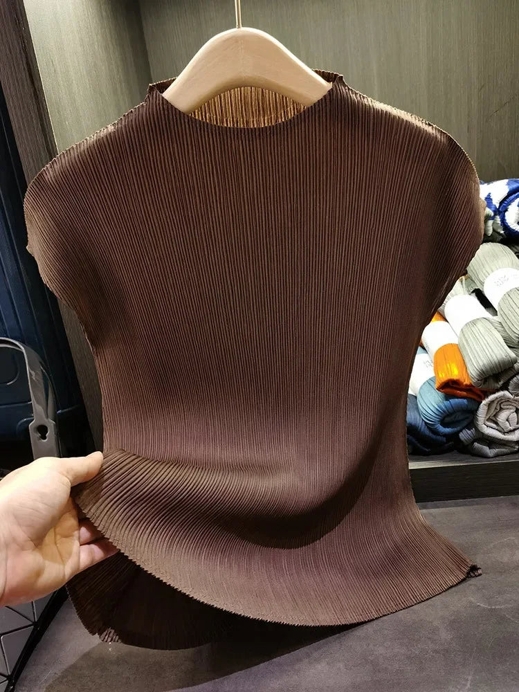 Versatile Classic Simple Solid Color Stand Up Collar Pleated Top Women Slim Slim Short Sleeve Miyake T-shirt Summer-Dollar Bargains Online Shopping Australia